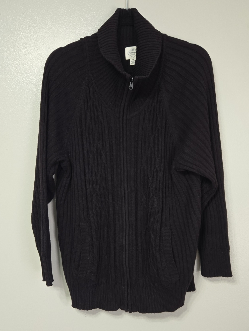 St. John's Bay Black Ribbed Full-Zip Shawl Collar Sweater